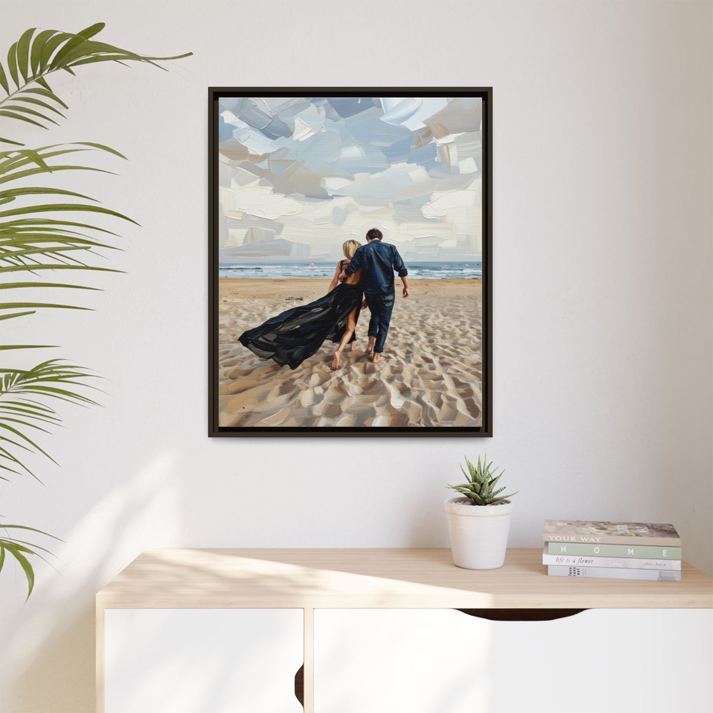 Framed Canvas Wall Art — Romantic Couple Walking on Beach Print