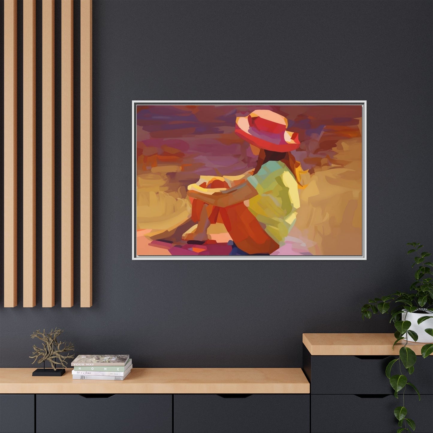Framed Matte Canvas — Colorful Seated Girl Beach Art
