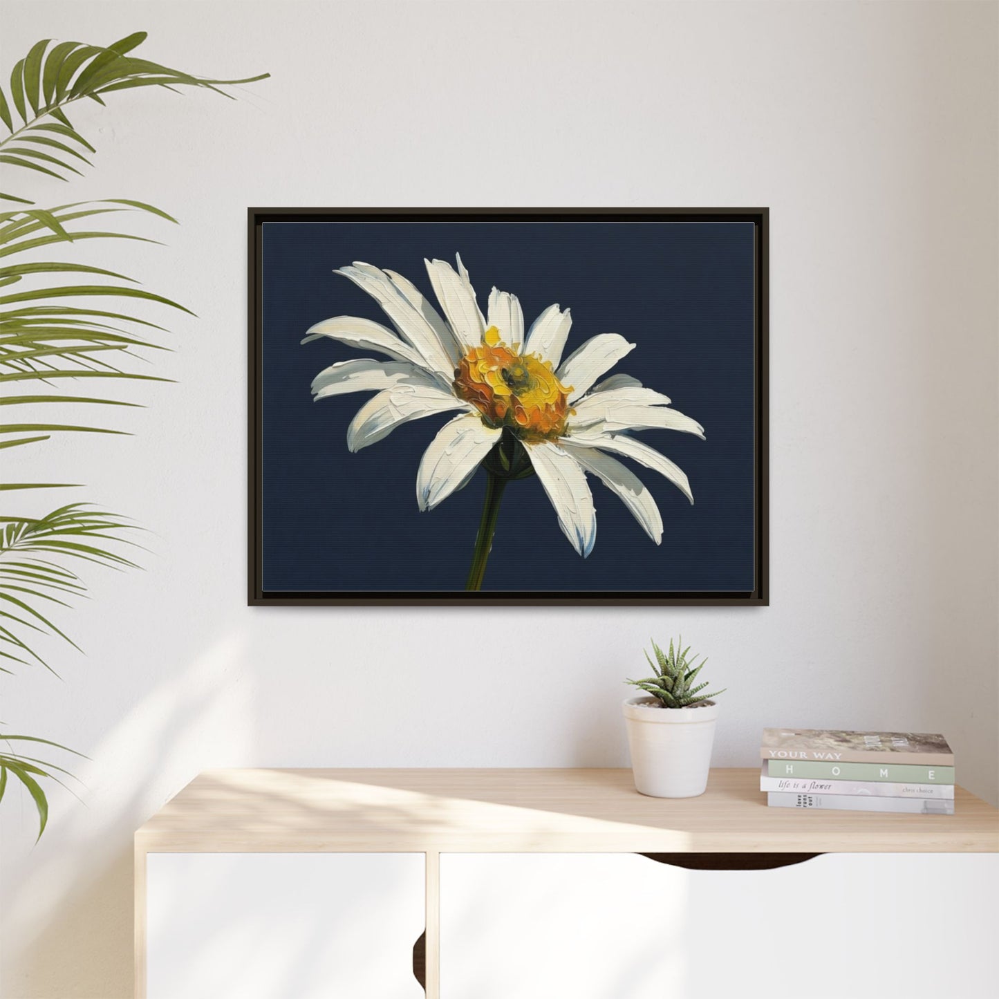 Framed Matte Canvas Daisy Wall Art — White Floral Painting on Navy