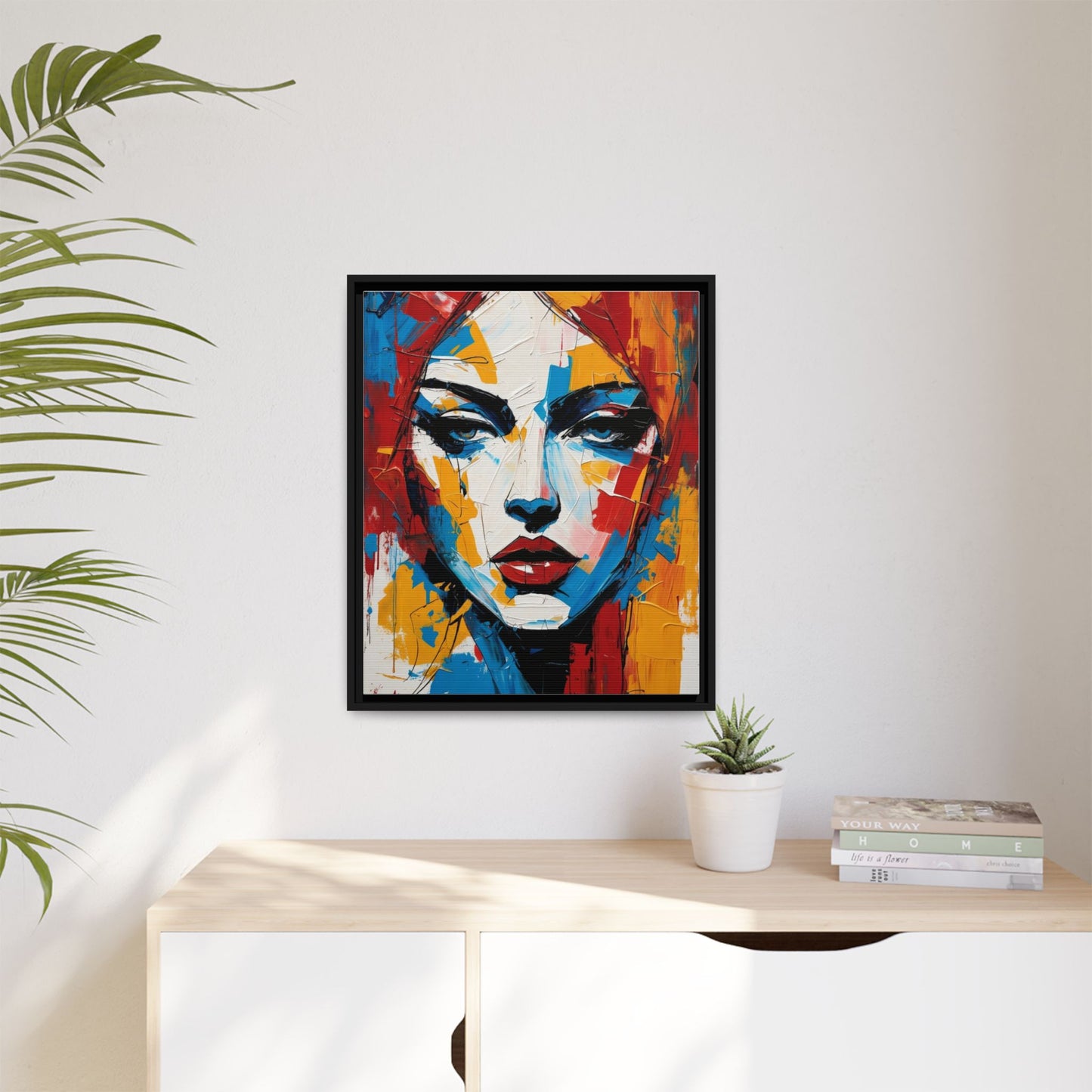 Framed Abstract Portrait Canvas — Colorful Female Face Wall Art