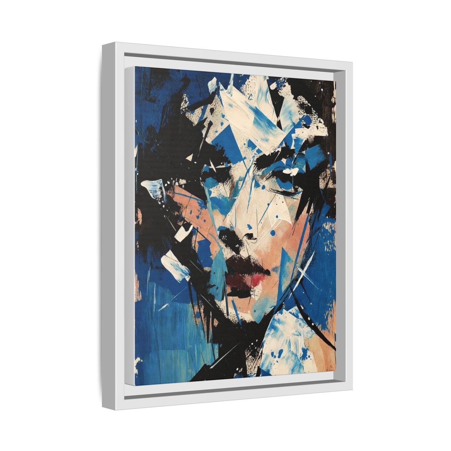 Abstract Portrait Matte Canvas Framed Wall Art — Blue Mixed-Media Face Print