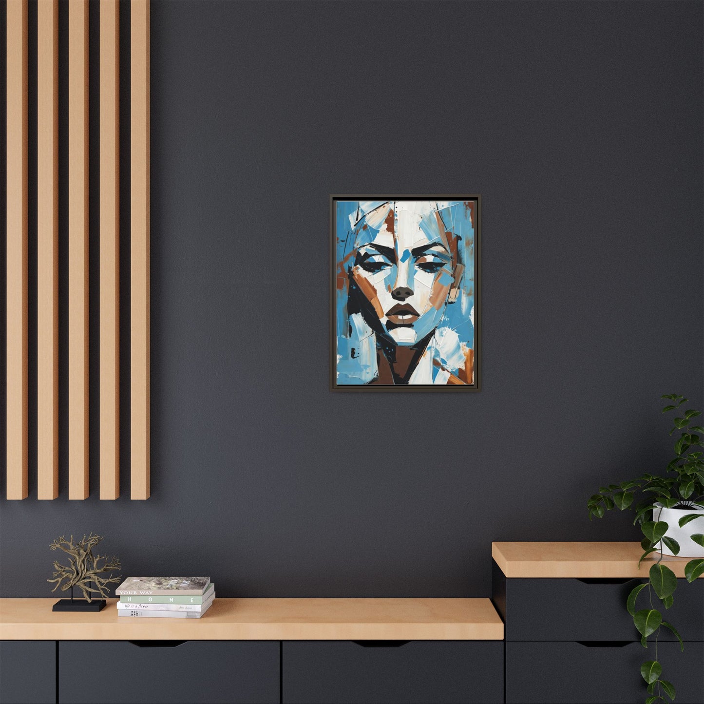 Abstract Blue Face Matte Canvas Wall Art — Framed Modern Portrait Print