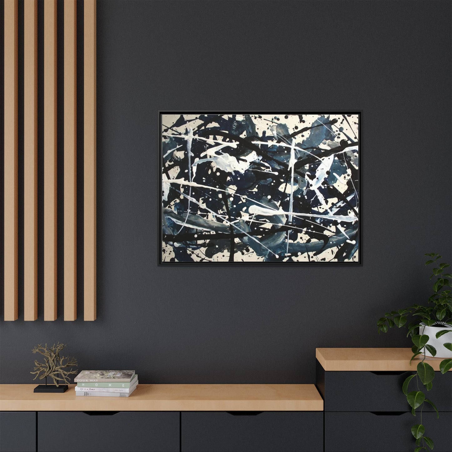Abstract Splatter Matte Canvas Framed Wall Art — Black & Blue Modern Art Print