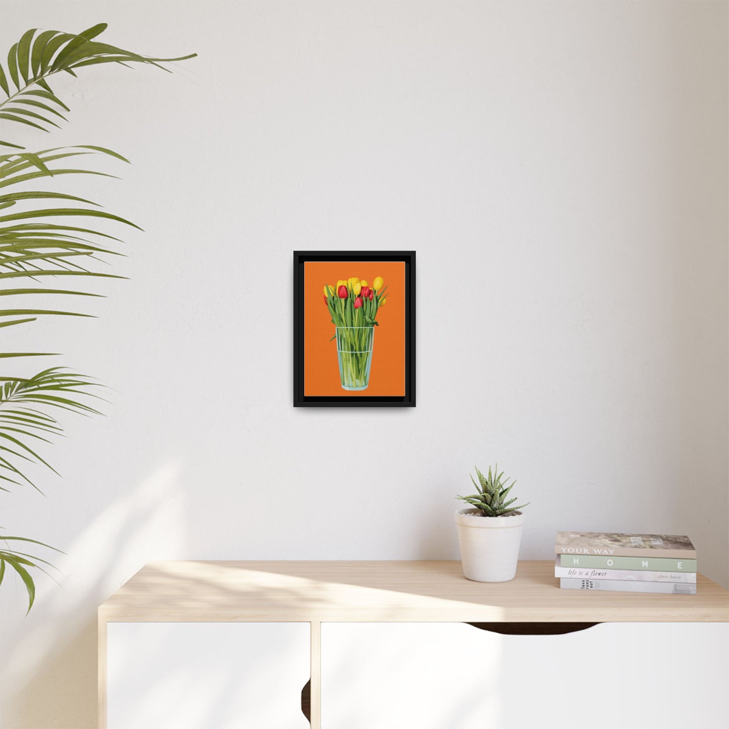 Framed Tulip Canvas Print — Colorful Tulips in Glass Vase