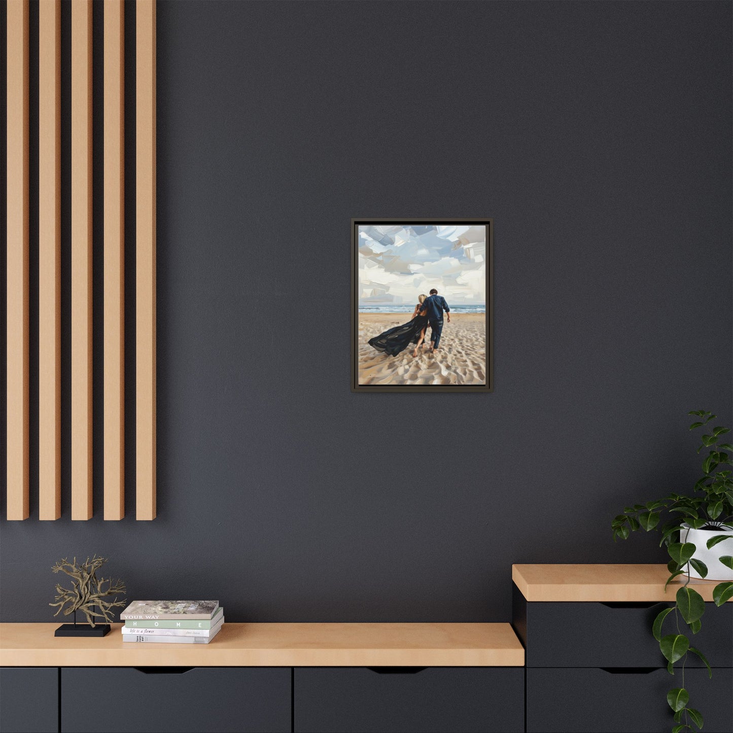 Framed Canvas Wall Art — Romantic Couple Walking on Beach Print