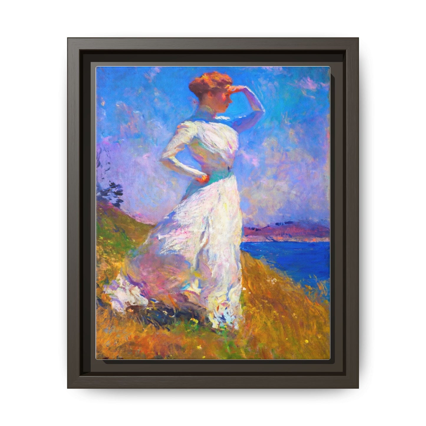 Framed Matte Canvas Art - Woman in White Seaside Impressionist Print