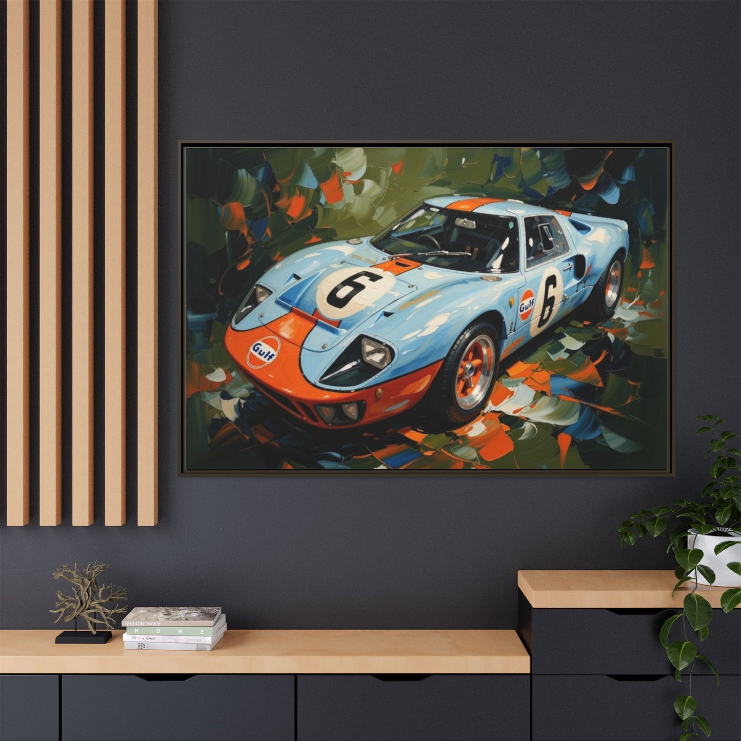 Gulf Racing GT40 Matte Framed Canvas — Vintage Sports Car Wall Art