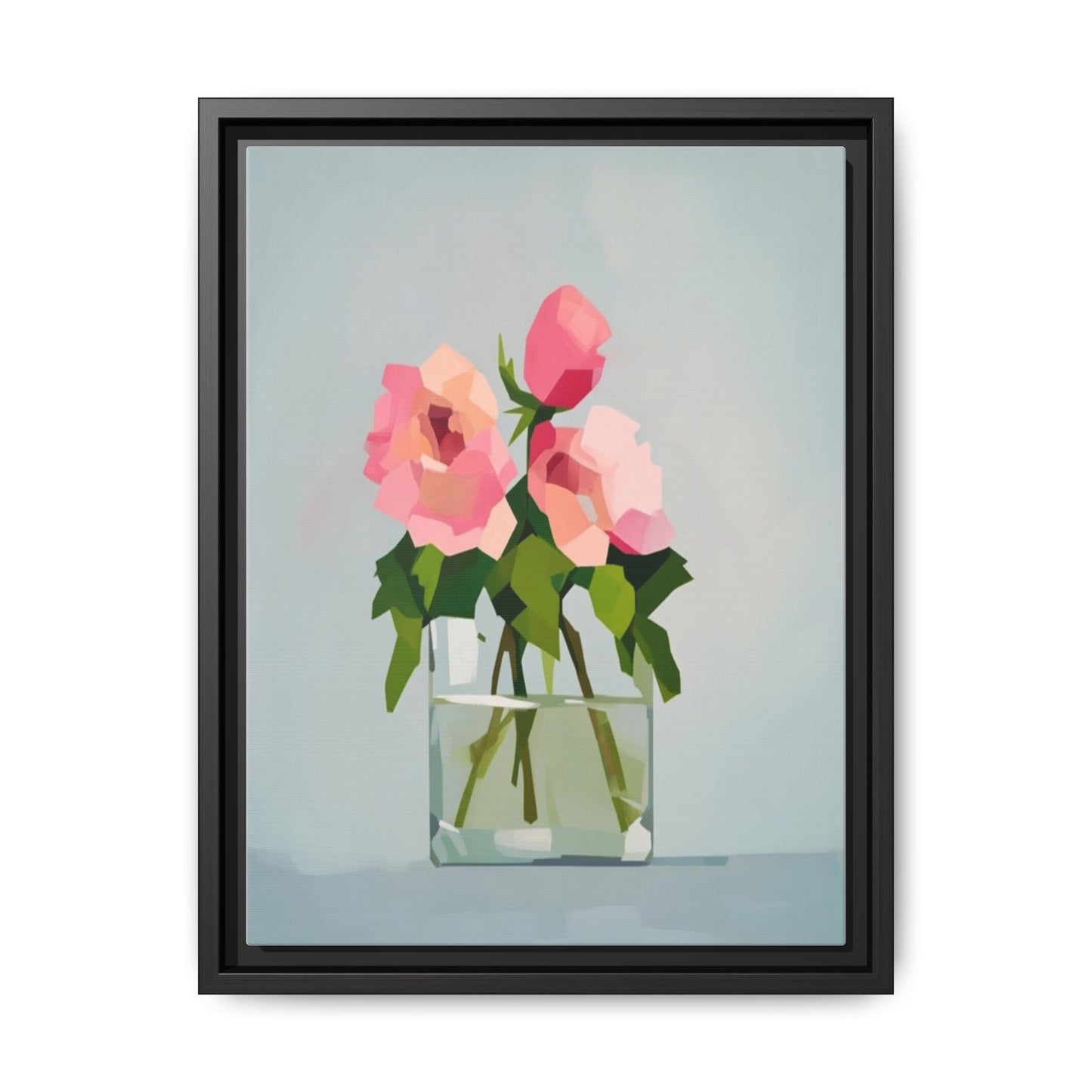 Framed Floral Canvas Print — Pink Roses in Glass Vase (Matte)