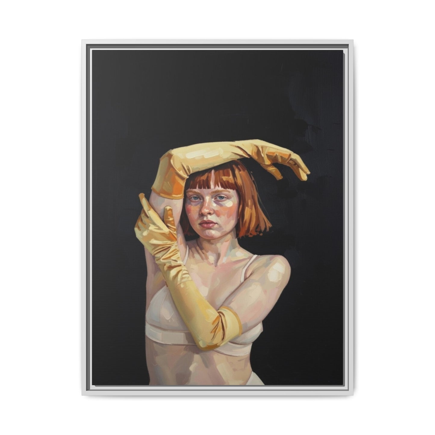 Framed Matte Canvas Art – Portrait of Woman in Yellow Gloves