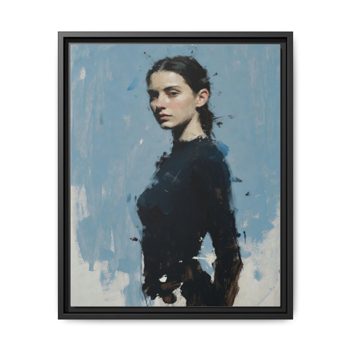 Framed Matte Canvas Portrait Print — Elegant Blue Woman Art