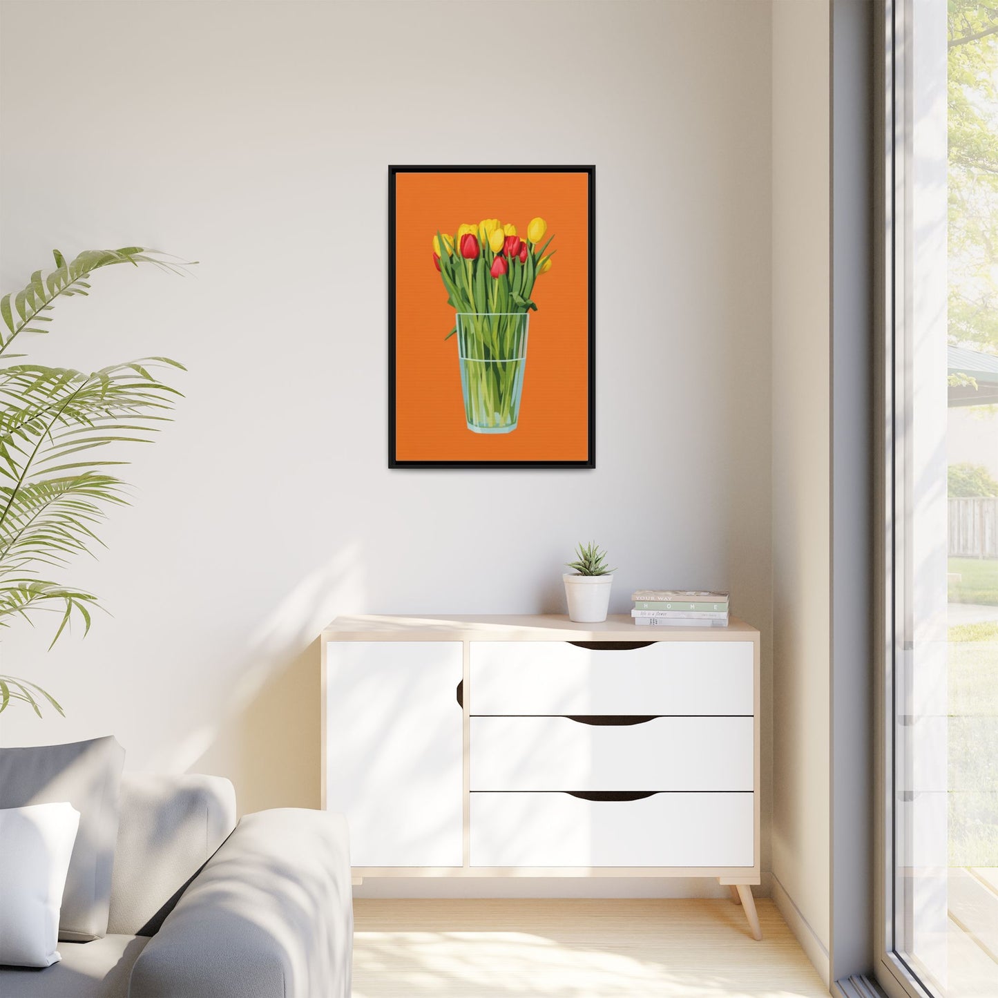 Framed Tulip Canvas Print — Colorful Tulips in Glass Vase