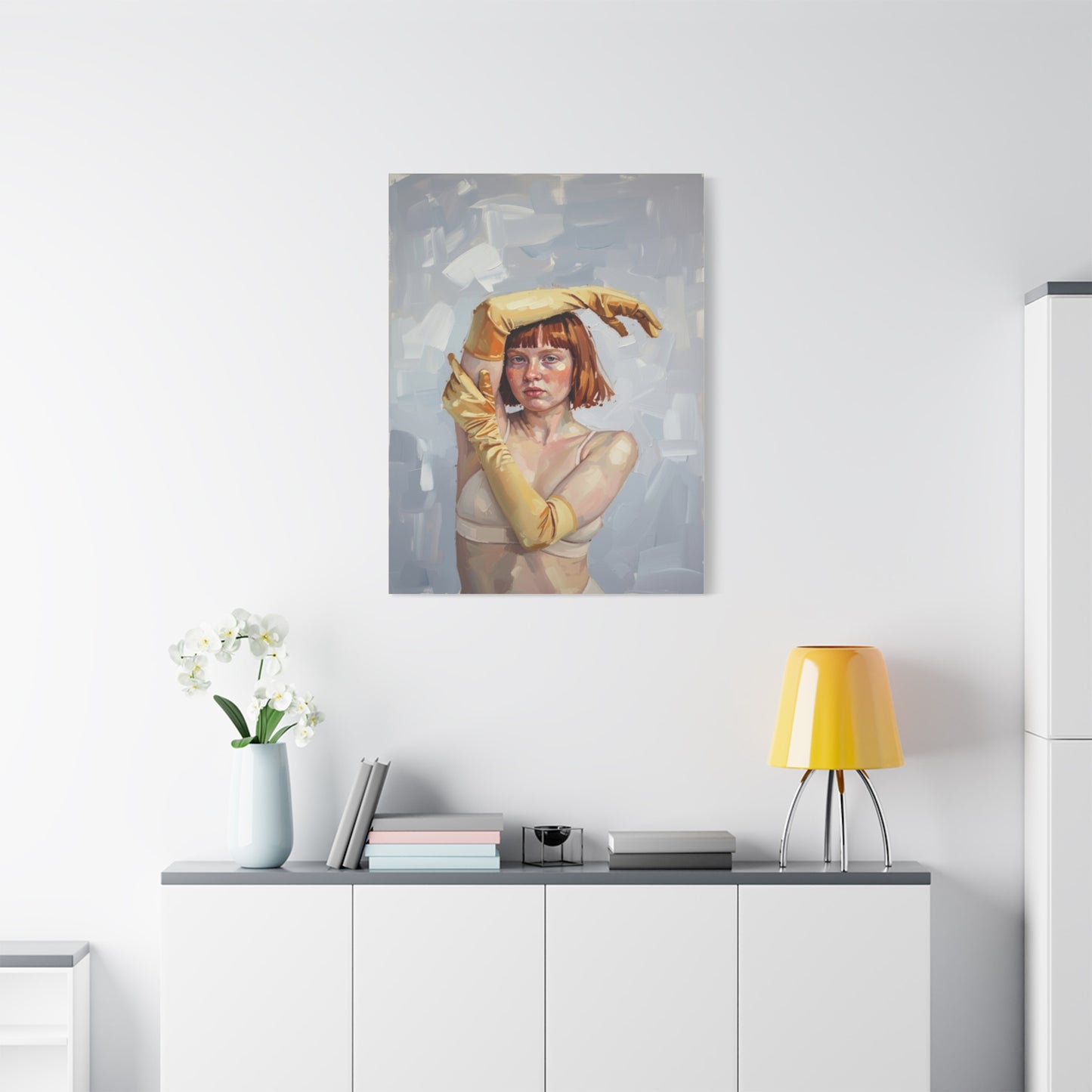 Portrait Canvas Print — Redheaded Woman with Yellow Gloves, Matte Stretched Art