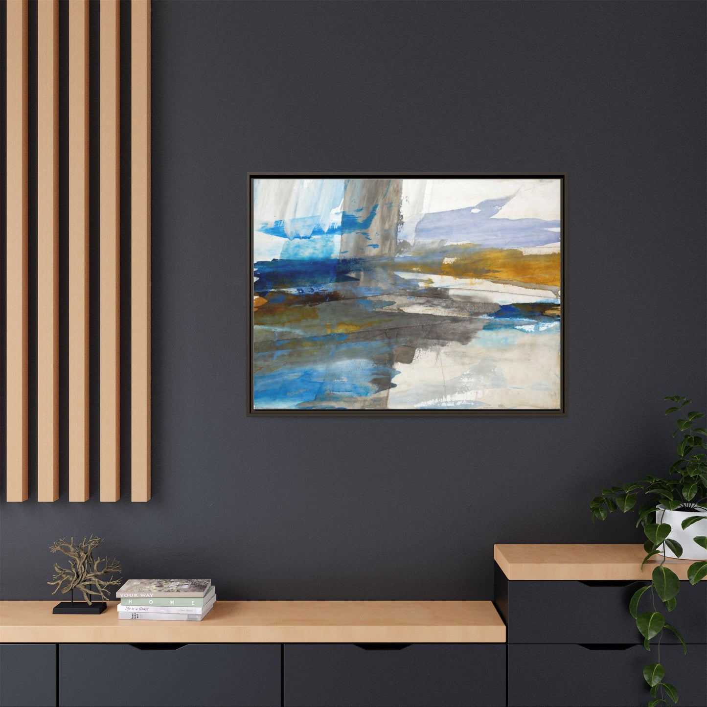 Abstract Blue & Gold Framed Canvas Art — Matte Multi-Color Wall Print