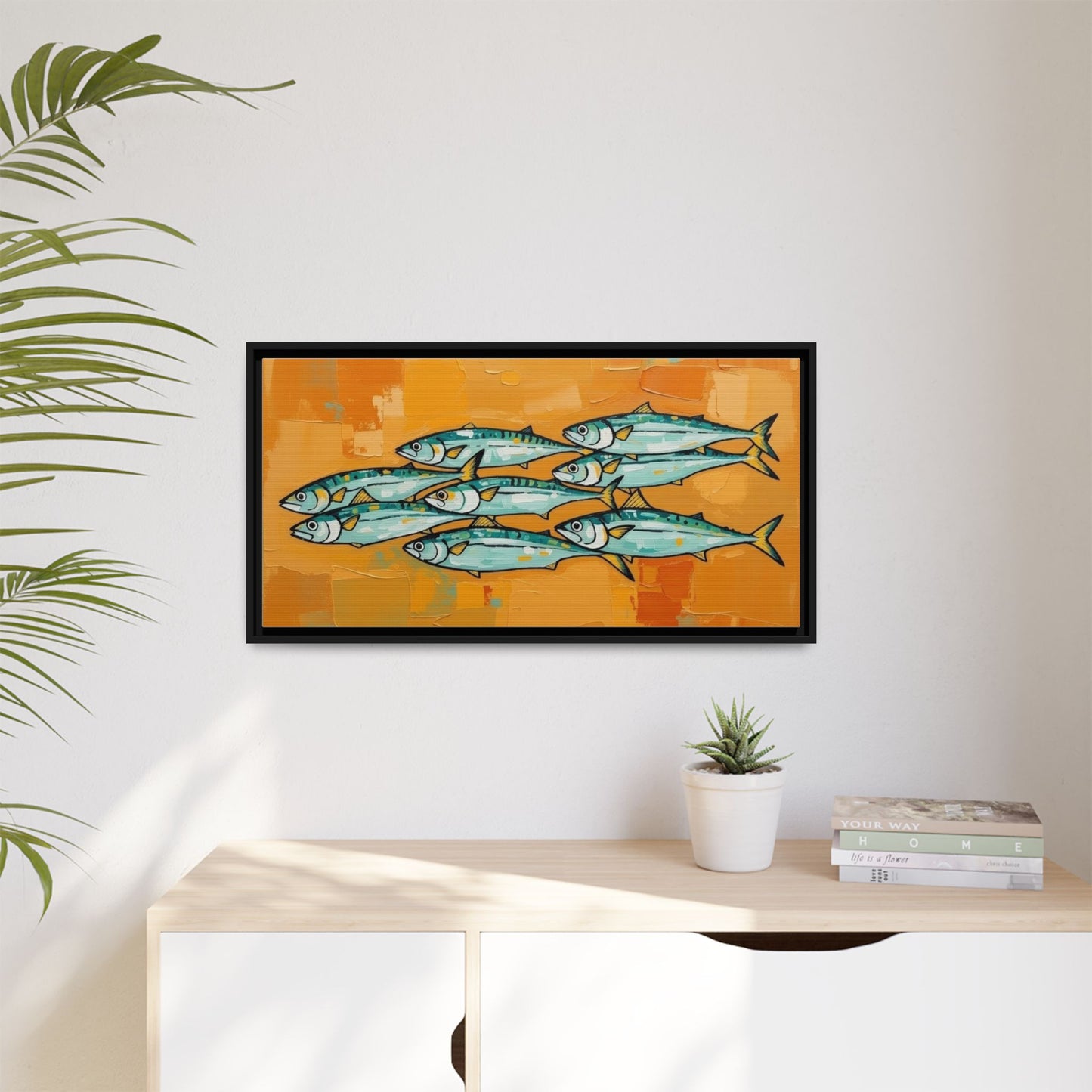 Framed Matte Canvas Print — School of Blue Fish on Orange Abstract Background