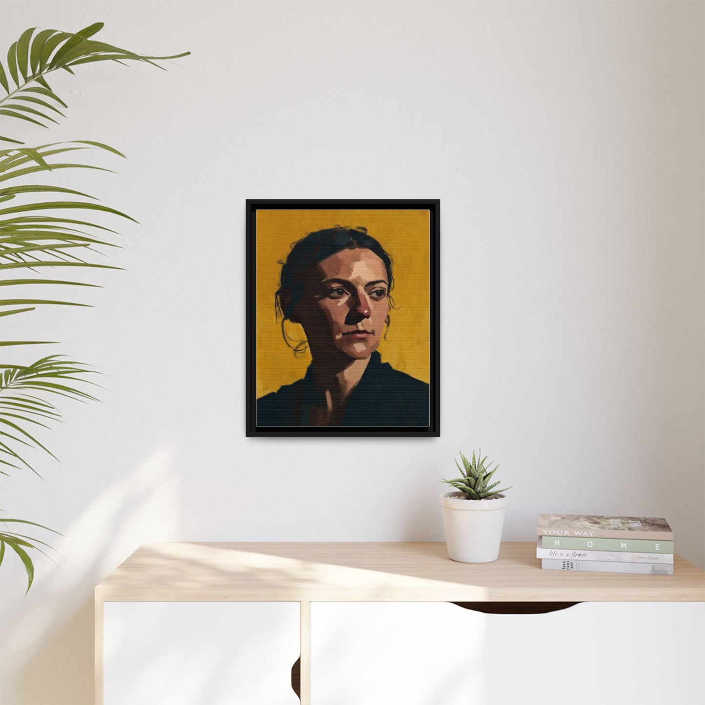 Framed Matte Canvas Portrait Art — Moody Woman on Mustard Background