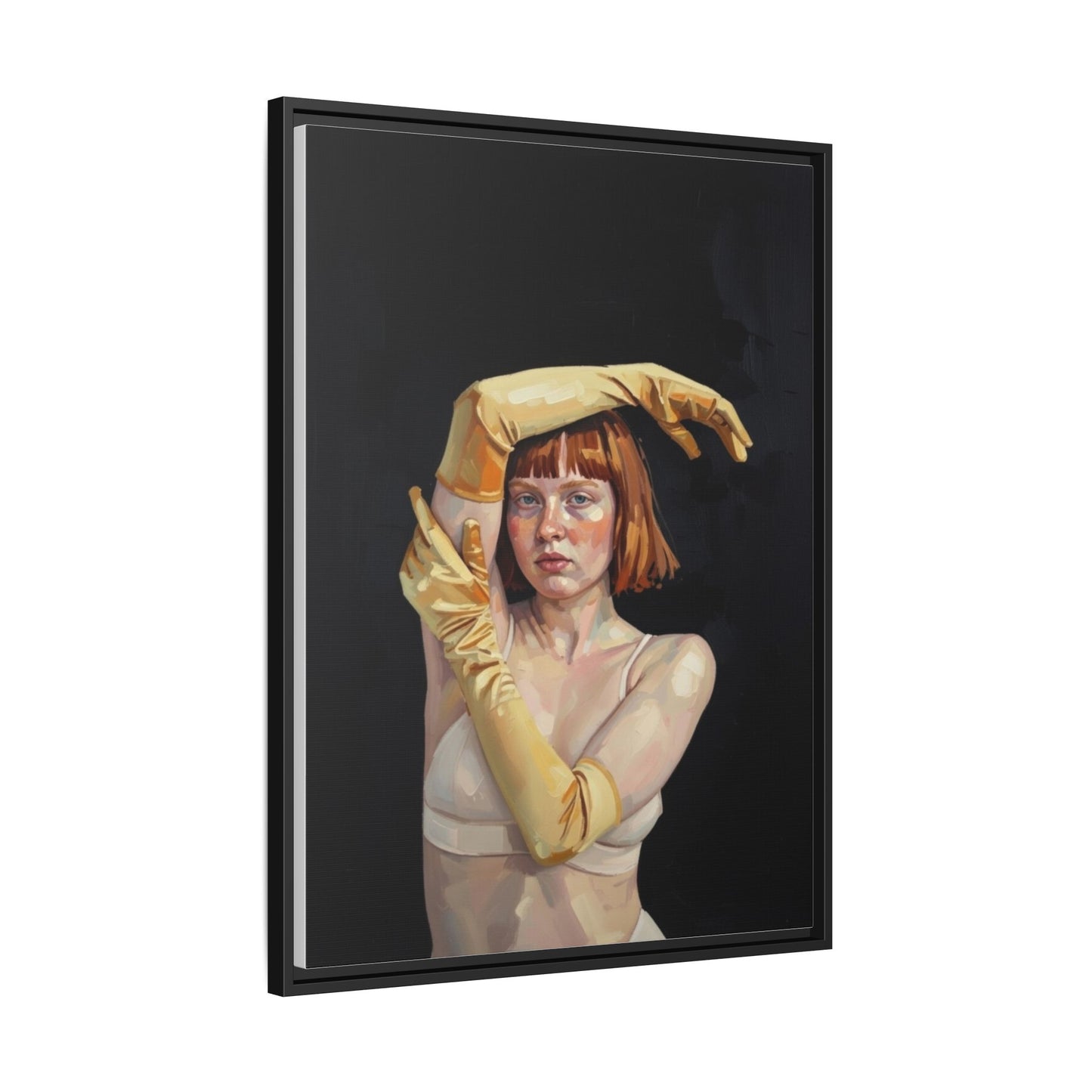 Framed Matte Canvas Art – Portrait of Woman in Yellow Gloves