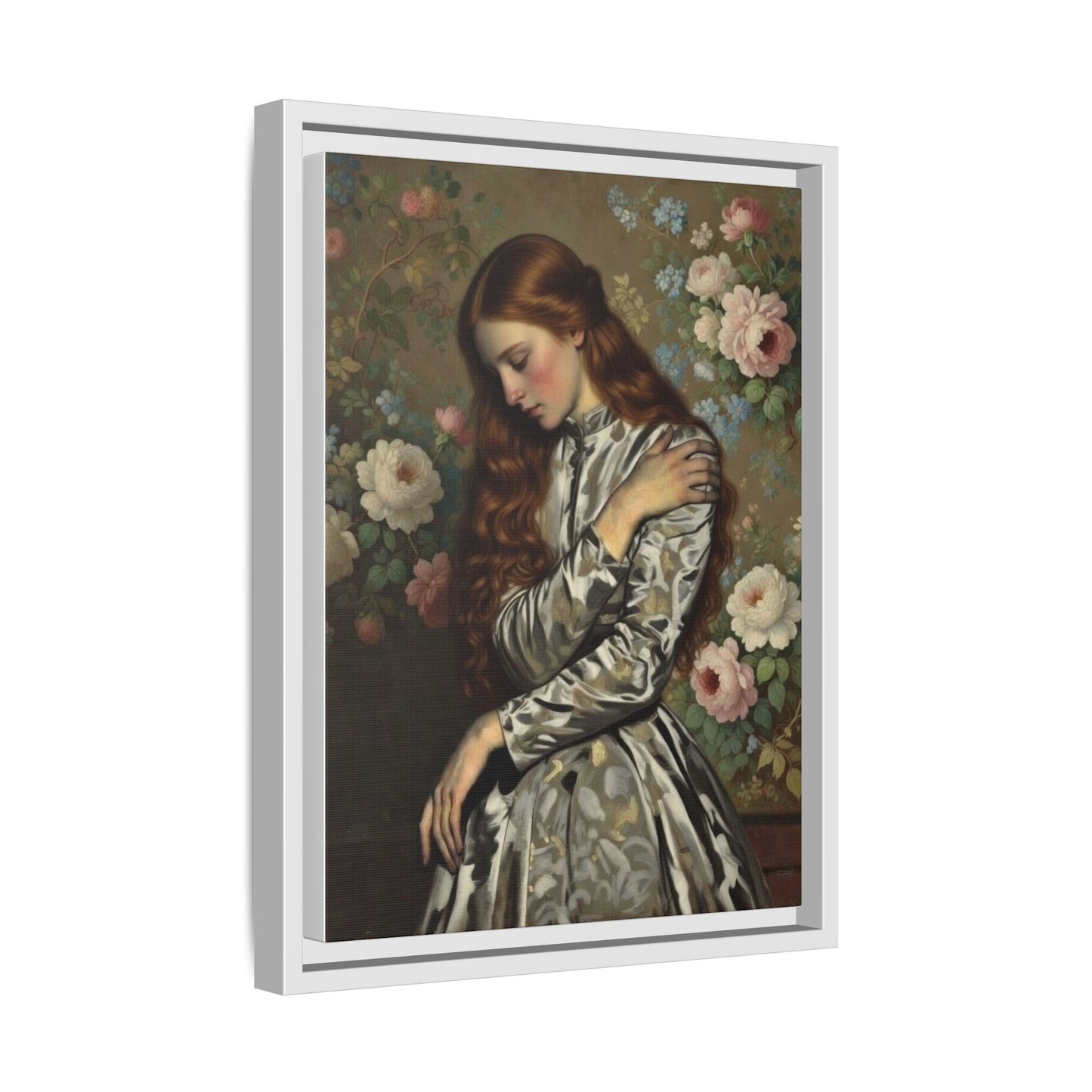 Framed Matte Canvas Art — Vintage Floral Portrait of a Young Woman