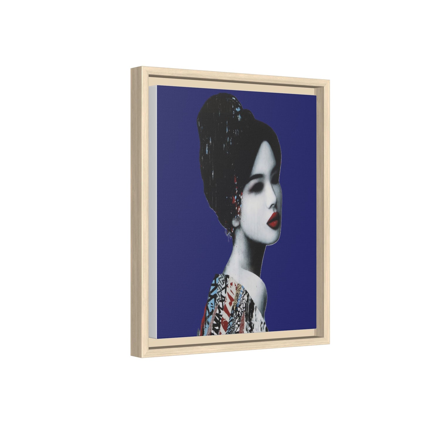 Framed Matte Canvas Art — Elegant Geisha Portrait on Deep Blue