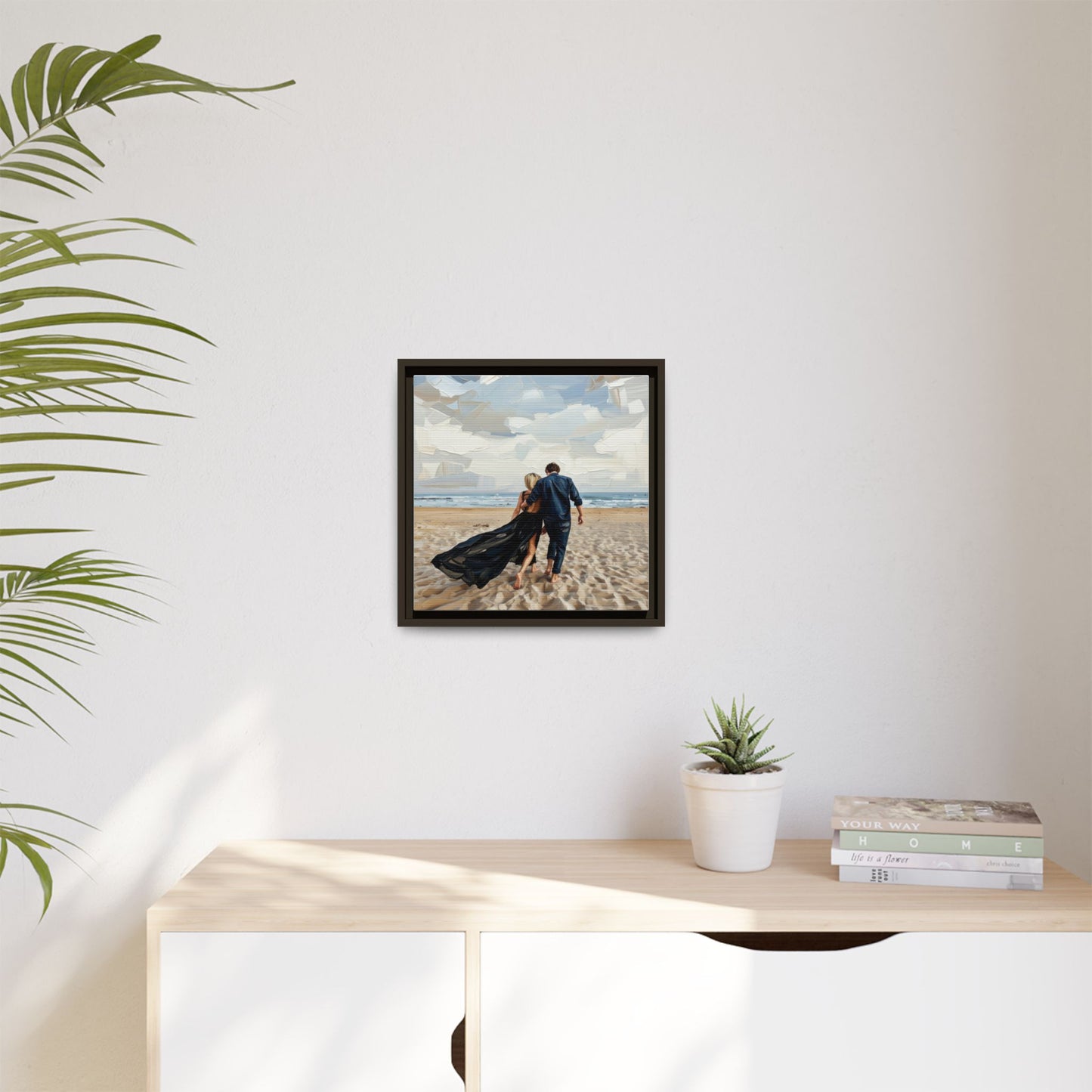 Framed Canvas Wall Art — Romantic Couple Walking on Beach Print