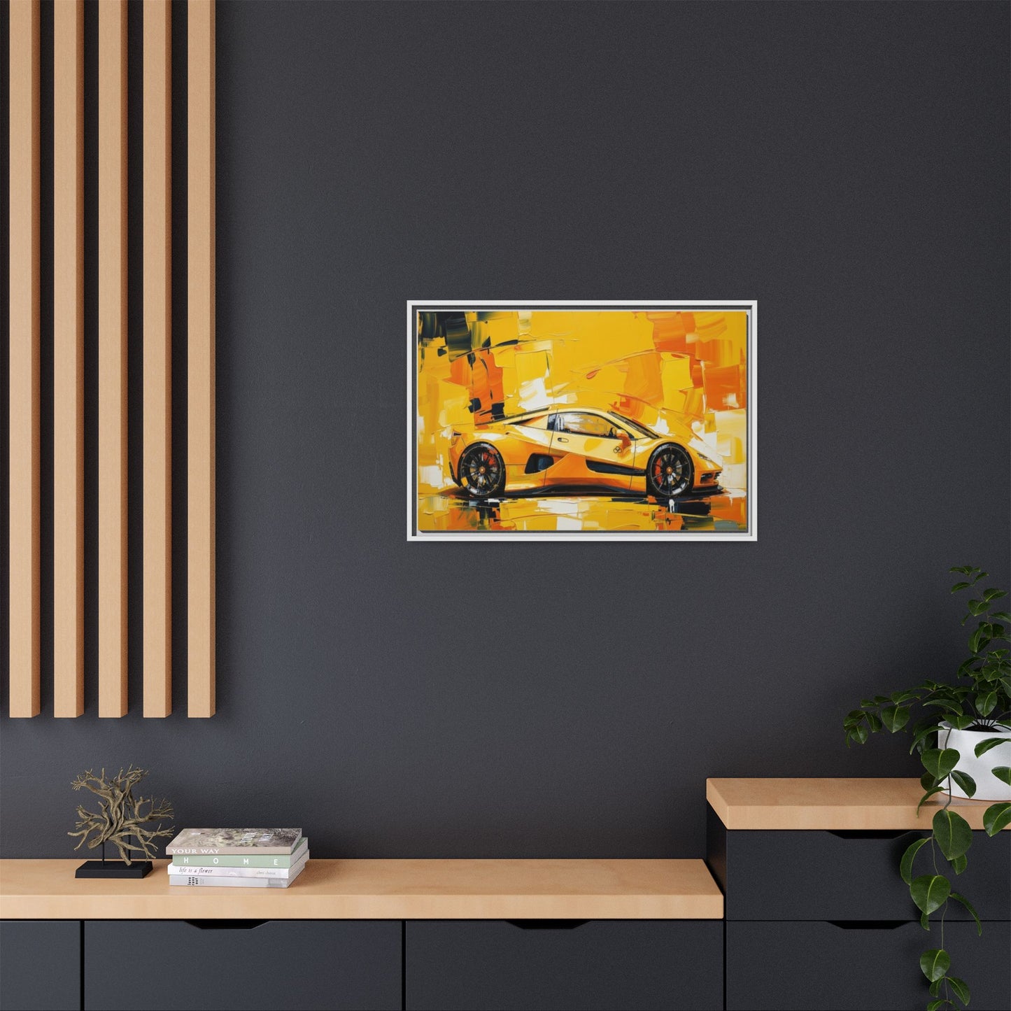 Yellow Sports Car Abstract Matte Canvas Framed Print