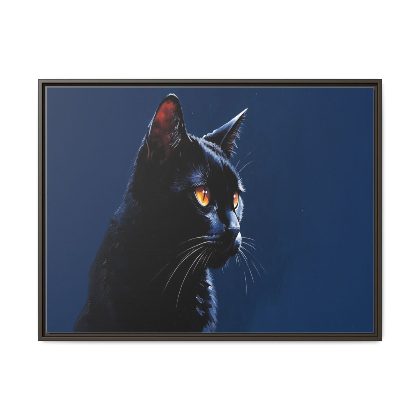 Black Cat Portrait Matte Canvas Framed Wall Art — Dramatic Feline Photo Print
