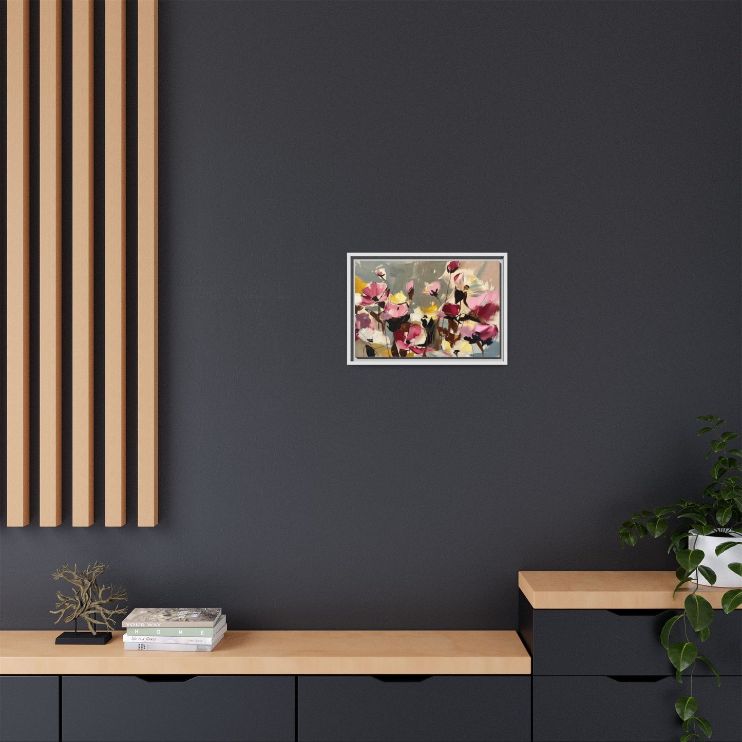 Framed Floral Canvas Wall Art — Abstract Pink & Yellow Flowers