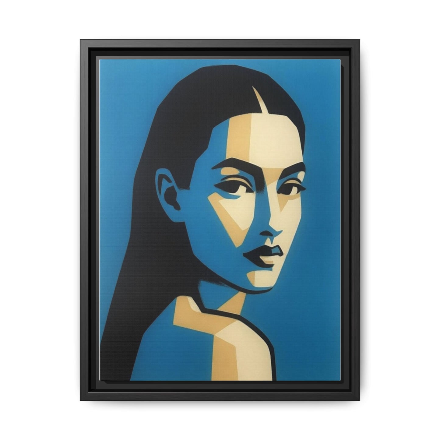 Framed Pop Art Portrait Canvas — Blue Geometric Woman Print