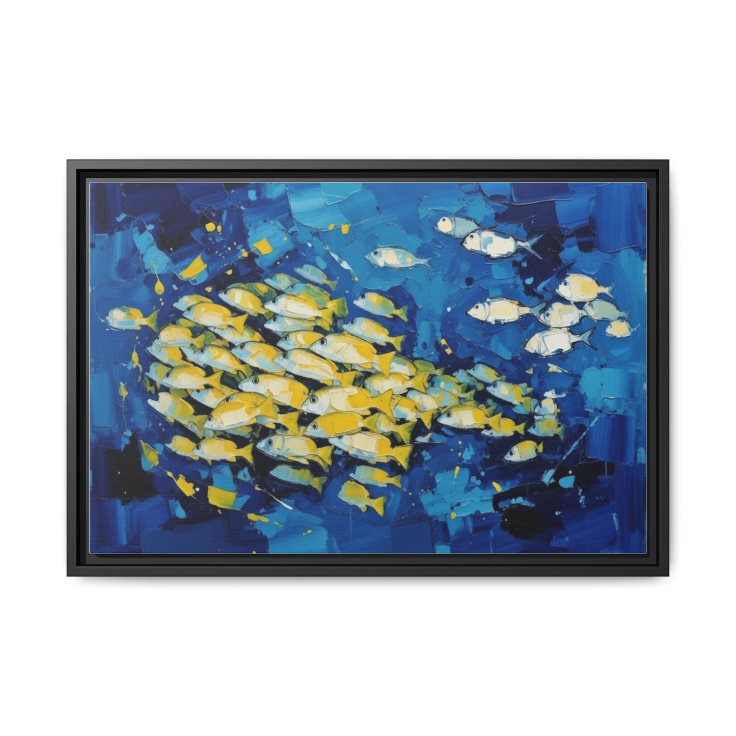 Framed Matte Canvas: Blue School of Fish Wall Art