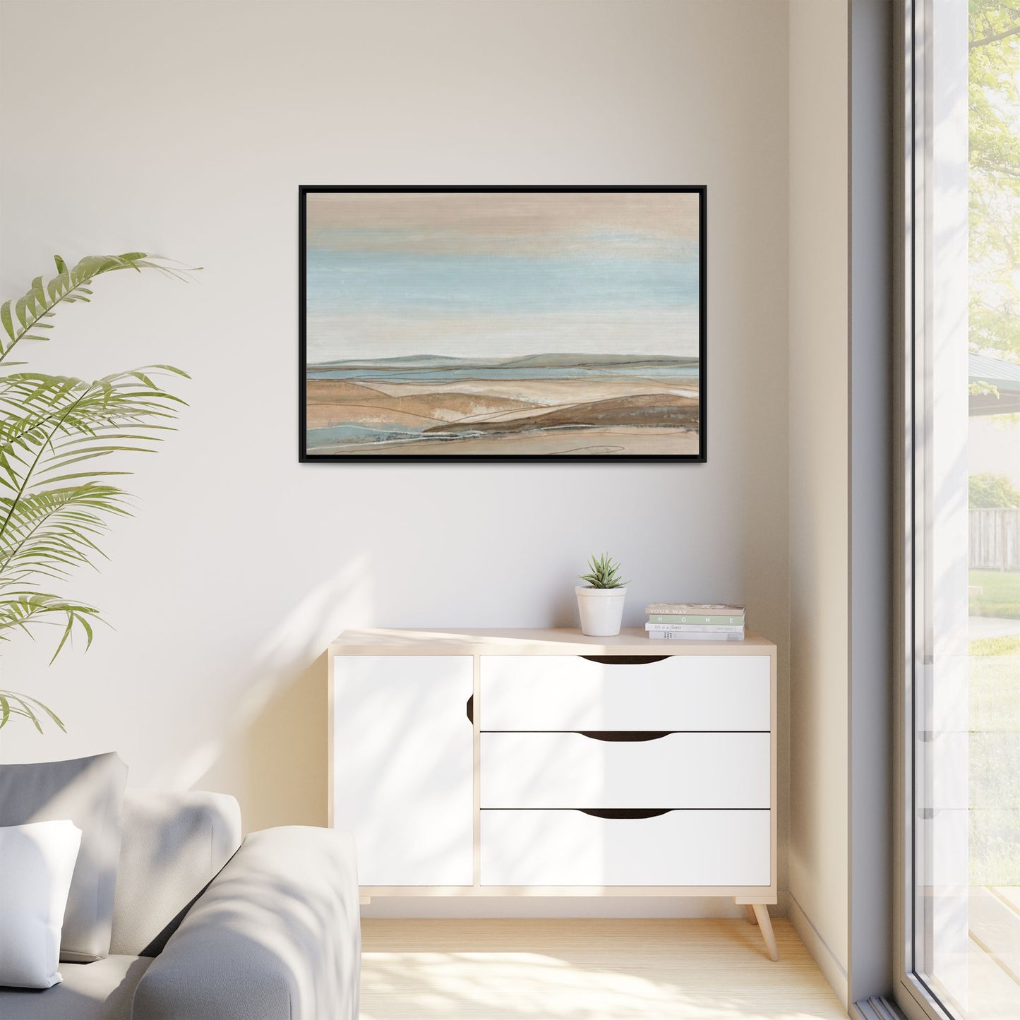 Framed Abstract Landscape Matte Canvas — Serene Coastal Horizon Wall Art