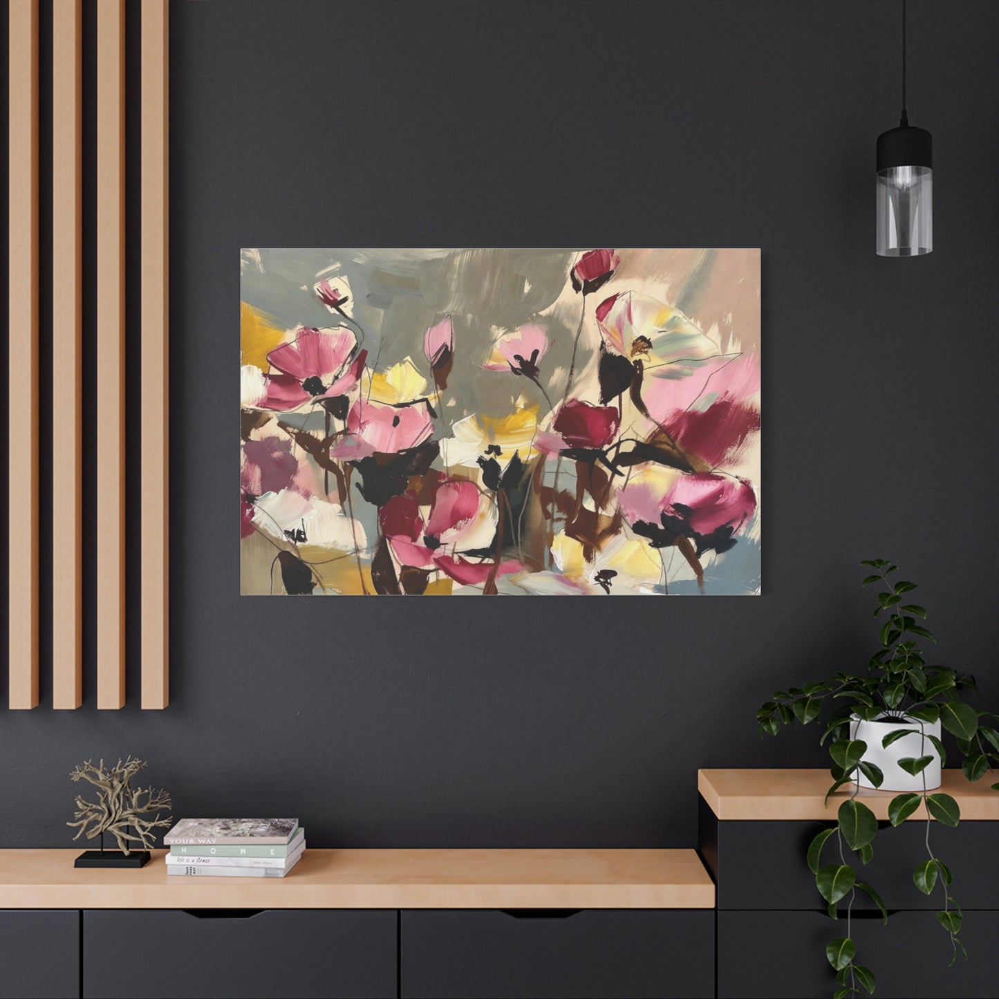 Floral Abstract Canvas Wall Art — Pink & Yellow Bloom Stretched Matte Print