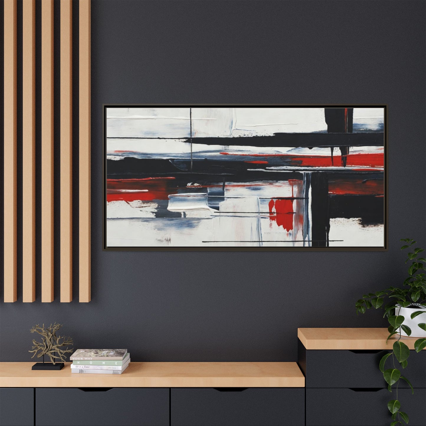 Abstract Red & Black Framed Canvas Art — Modern Matte Wall Painting