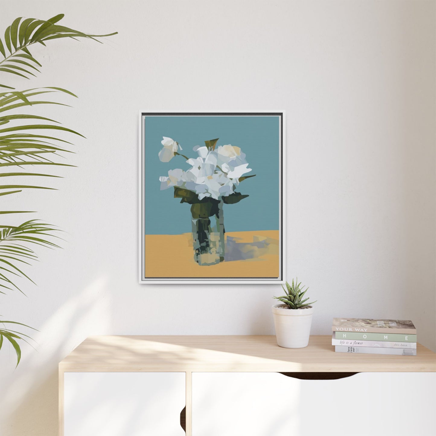 Framed Floral Still Life Canvas Art — Modern White Bouquet Wall Art