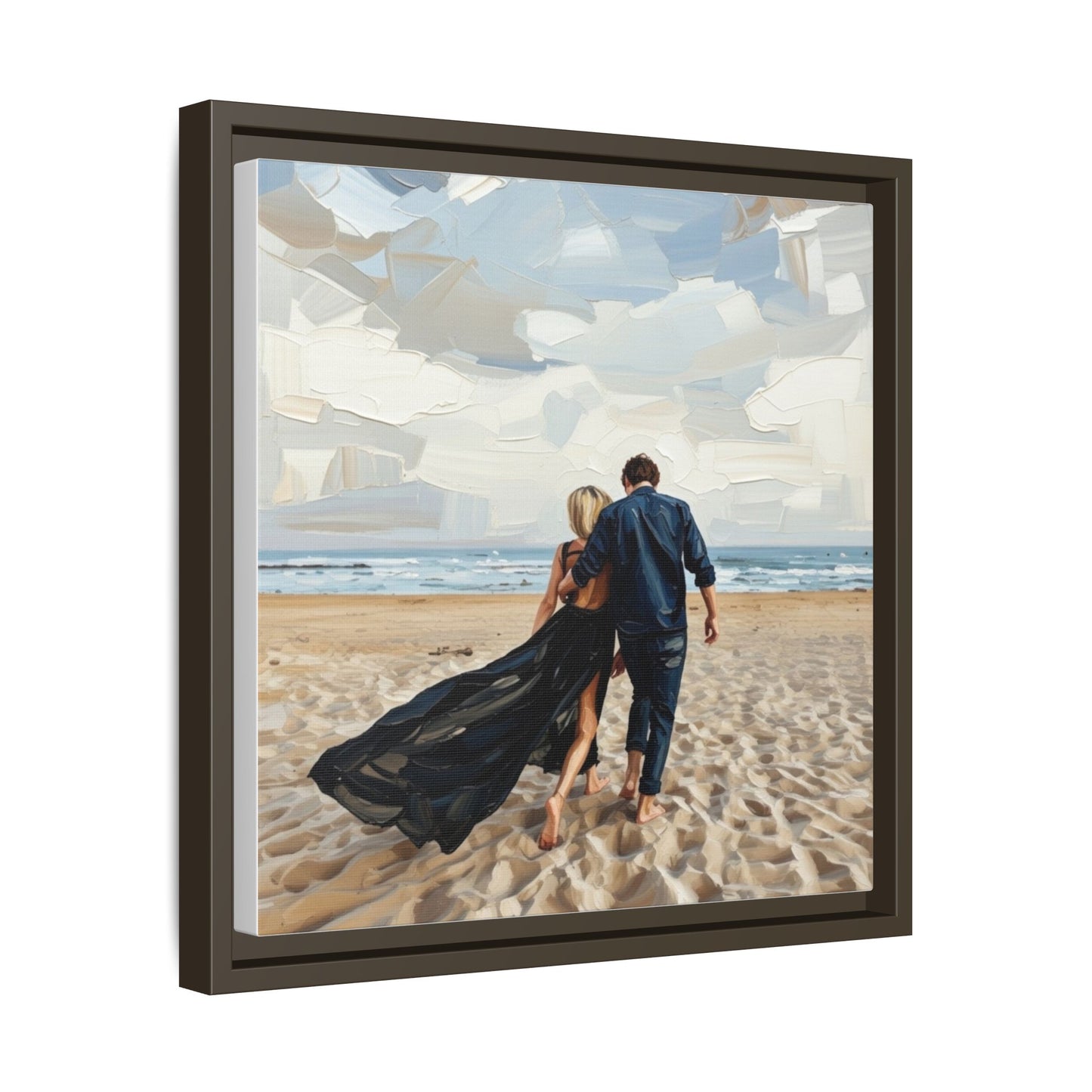 Framed Canvas Wall Art — Romantic Couple Walking on Beach Print