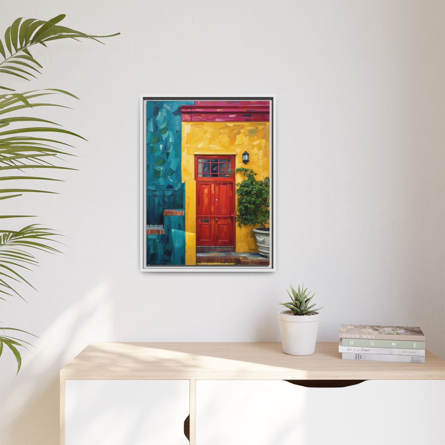 Framed Matte Canvas Wall Art — Colorful Red Door on Yellow Facade