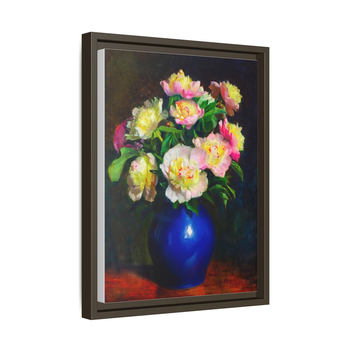 Framed Matte Canvas Wall Art — Vintage Floral Bouquet in Blue Vase