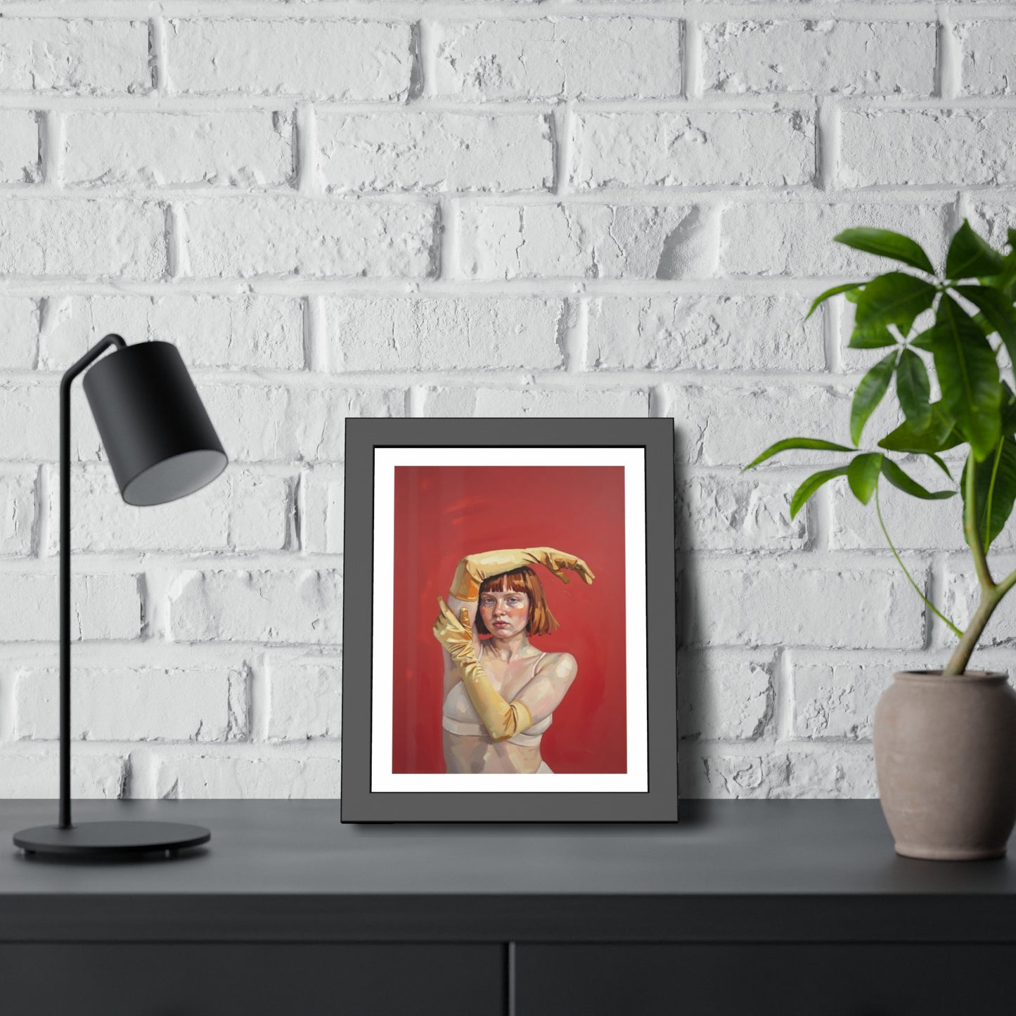 Framed Art Print — Retro Portrait with Yellow Gloves on Red Background