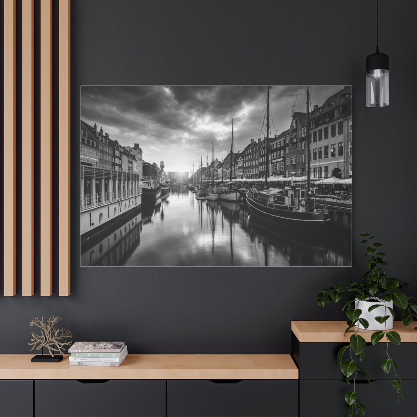 Black & White Harbor Canvas Print — Dramatic Copenhagen Cityscape Wall Art