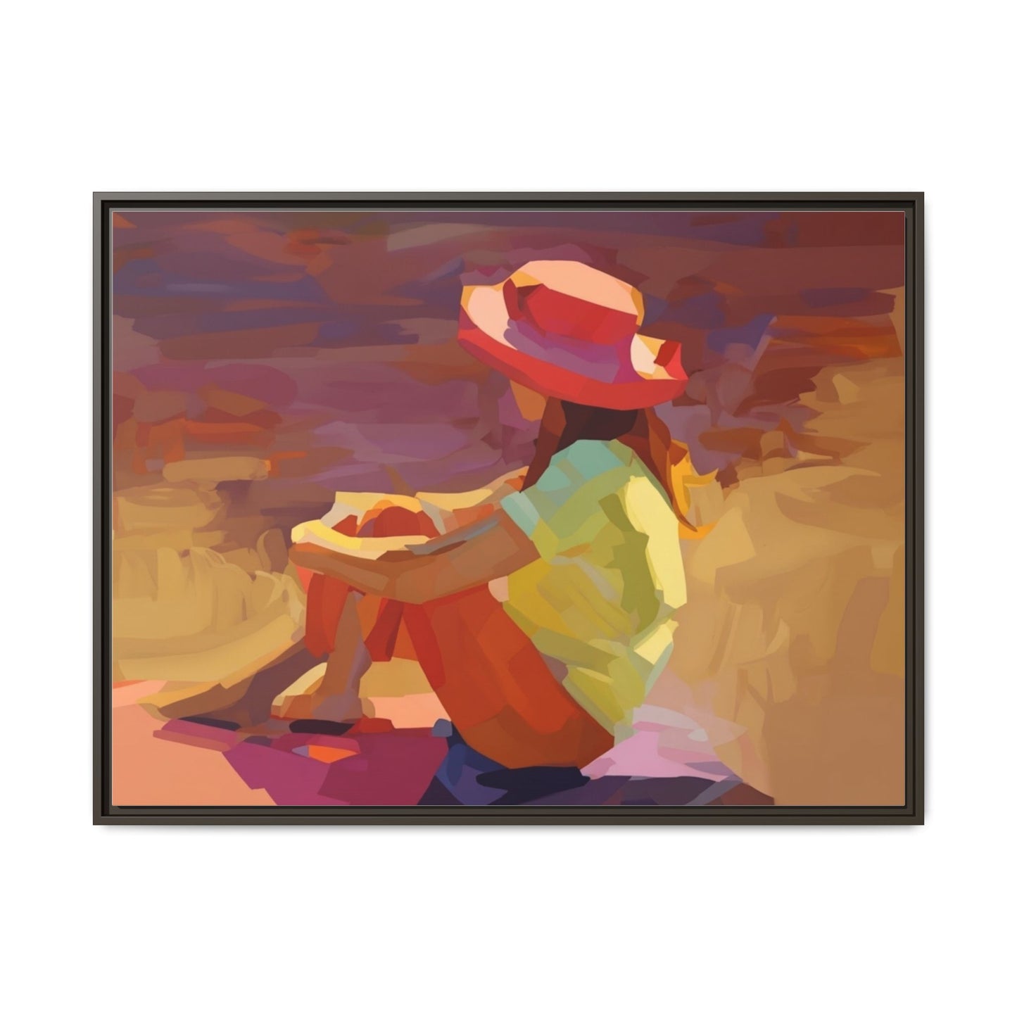 Framed Matte Canvas — Colorful Seated Girl Beach Art