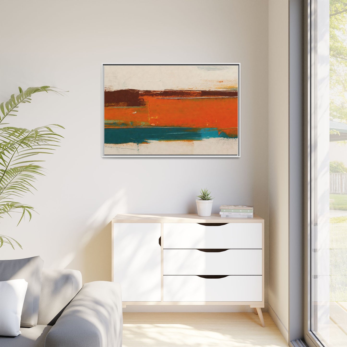 Abstract Horizon Matte Canvas Framed Print — Modern Orange Teal Wall Art