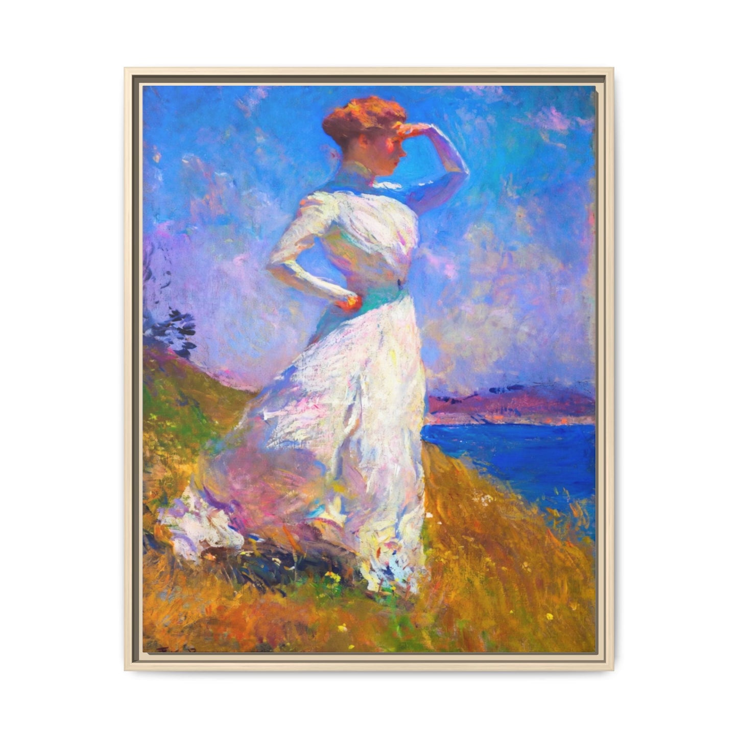 Framed Matte Canvas Art - Woman in White Seaside Impressionist Print