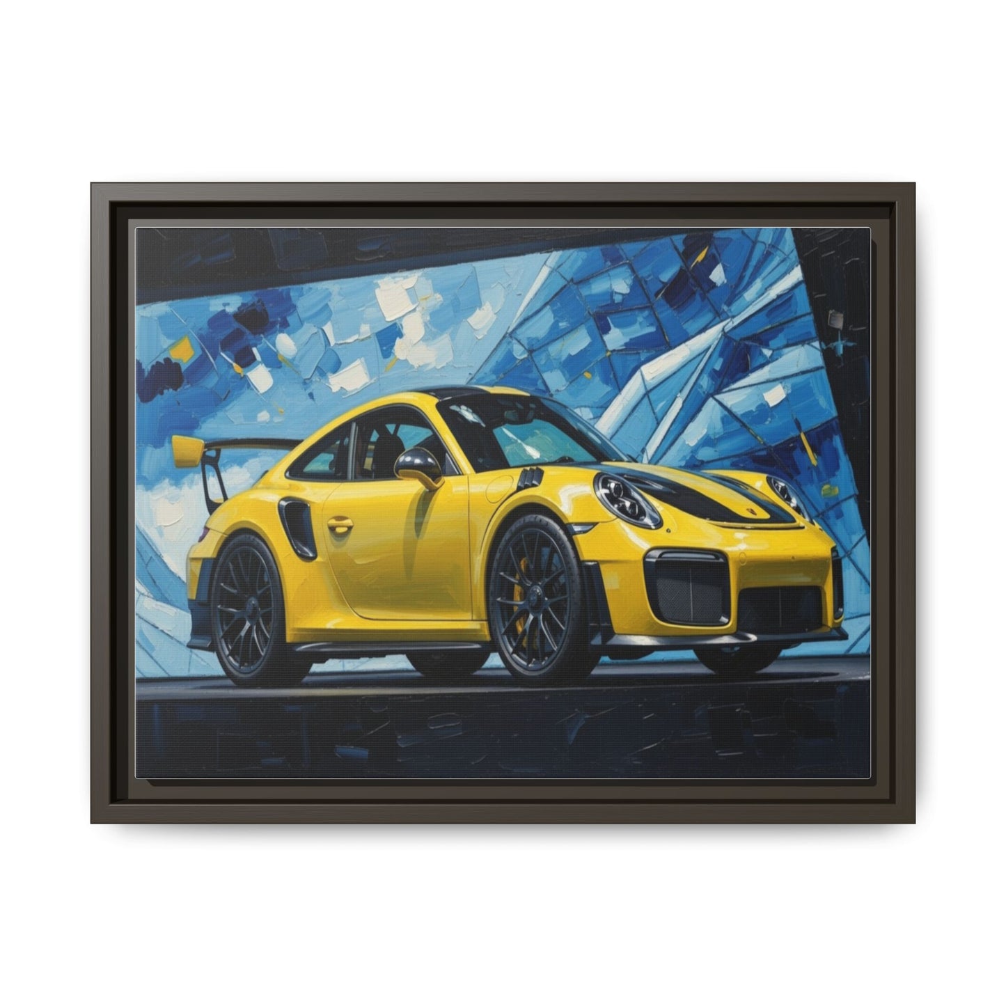 Yellow Porsche Sports Car Matte Framed Canvas – Modern Automotive Wall Art