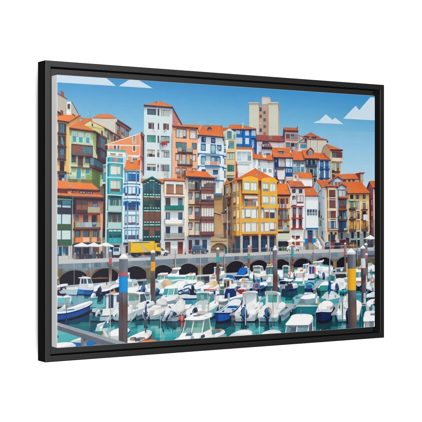 Framed Matte Canvas Print — Colorful Mediterranean Harbor Illustration