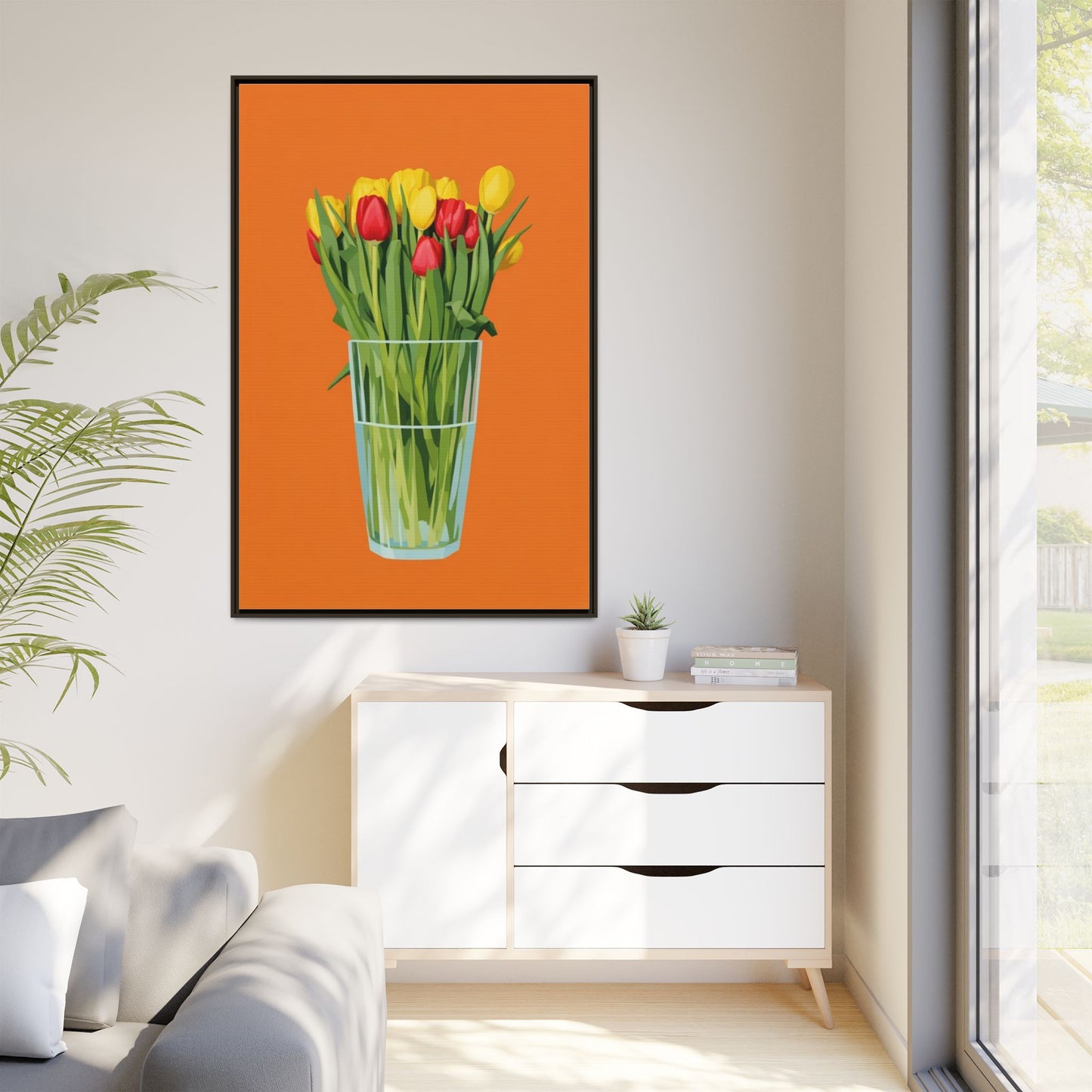 Framed Tulip Canvas Print — Colorful Tulips in Glass Vase