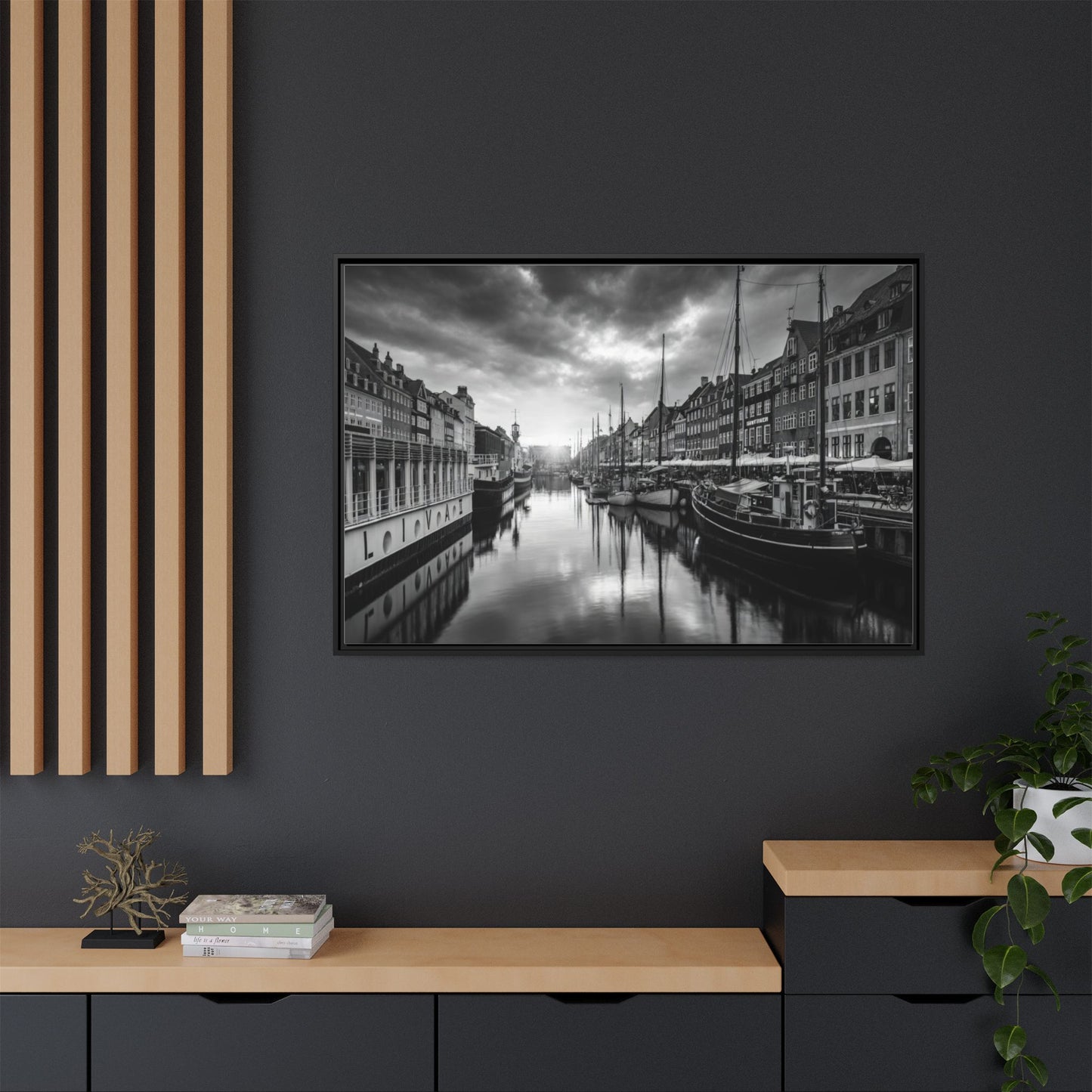 Framed Matte Canvas: Black & White Dutch Canal Photography Wall Art