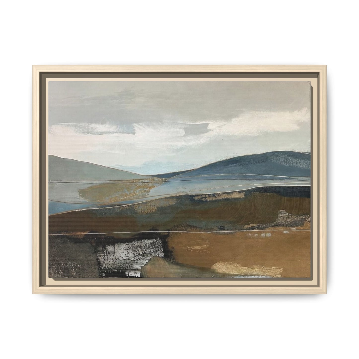 Framed Matte Canvas Landscape Art - Serene Abstract Hills in Blue & Earth Tones
