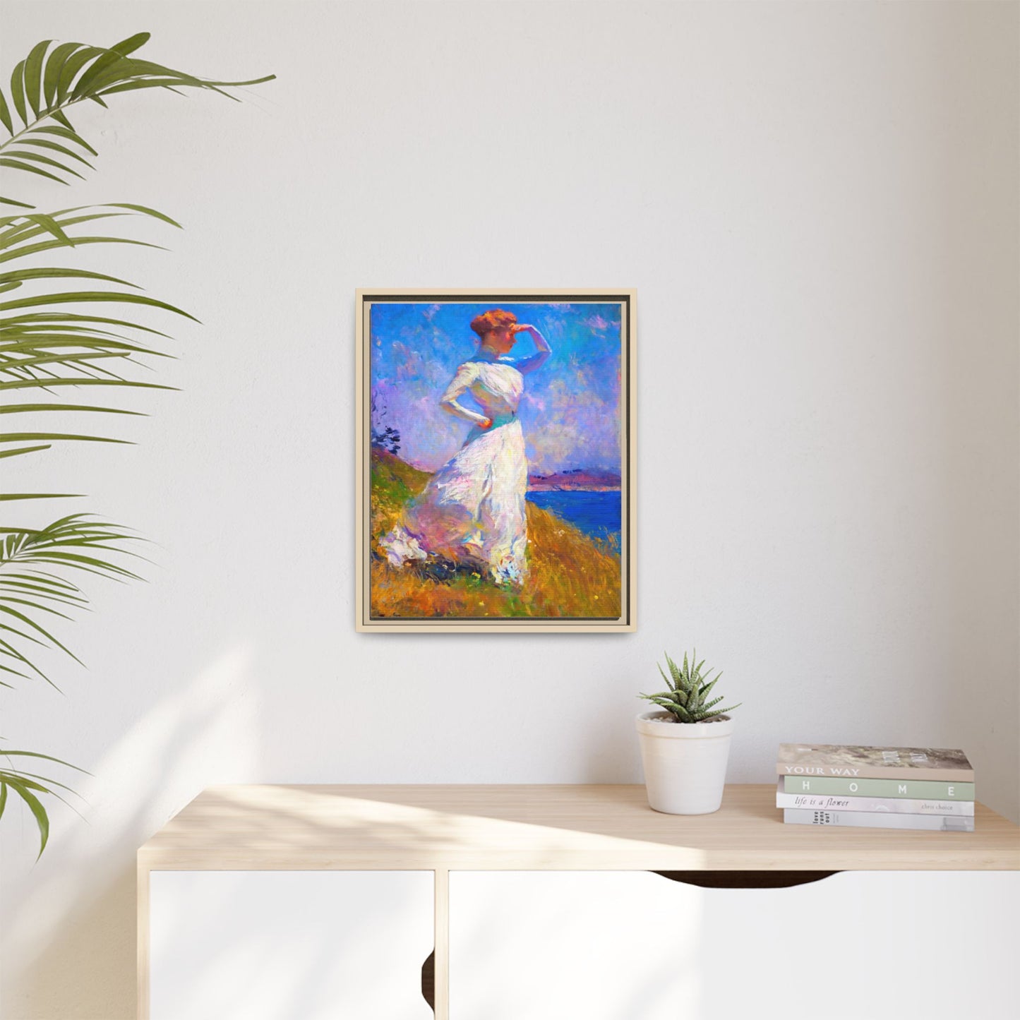 Framed Matte Canvas Art - Woman in White Seaside Impressionist Print