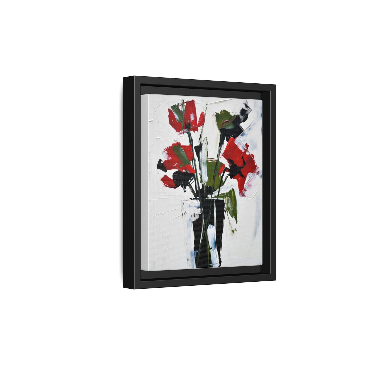 Framed Abstract Floral Canvas Print — Red Poppies in Black Vase