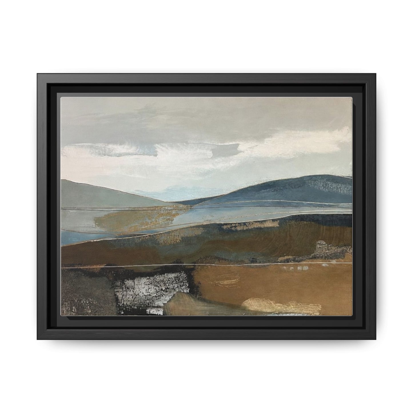 Framed Matte Canvas Landscape Art - Serene Abstract Hills in Blue & Earth Tones