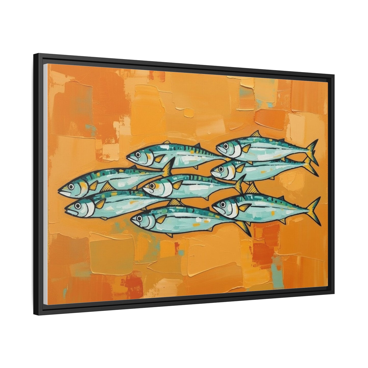 Framed Matte Canvas Print — School of Blue Fish on Orange Abstract Background