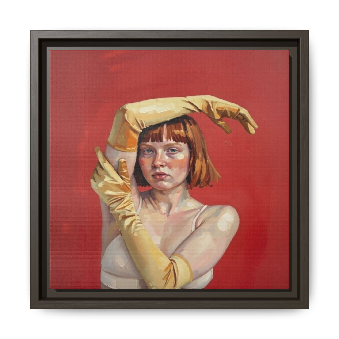Framed Matte Canvas Art - Portrait of Woman in Yellow Gloves (Red Background)
